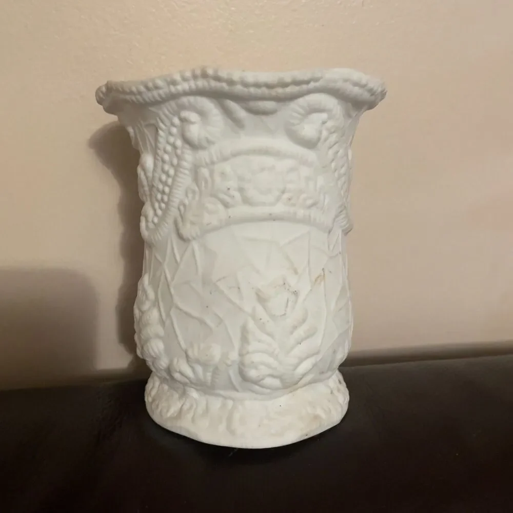 Vintage White Bisque Porcelain Cameo Pen Holder, Victorian Lady Blue Cameo Vase